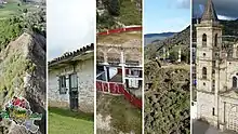 De izquierda a derecha, peña Sanabria, estación del tren la nevera, plaza de toros, mirador las antenas, iglesia san juan bautista de Villapinzón