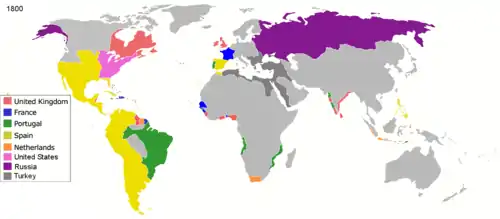 Imperios coloniales hacia 1800. Excepto el turco (musulmán) y el ruso (cristiano ortodoxo), tenían base religiosa cristiana occidental en sus distintas confesiones (católica el español, el portugués y el francés, protestante el holandés y el inglés).