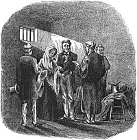 An etching of a man and a woman being married in a jail cell. Sunlight streams in through a small window.