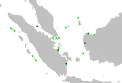 Distribución de la paloma plateada.Registros verificados en verde claro, sin confirmar de color verde oscuro.