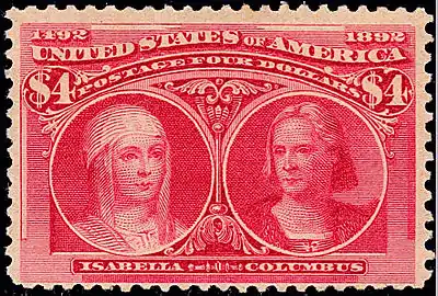 Sello de 4 $. Isabel y Colón. Fue el primer sello de Estados Unidos con el retrato de una mujer. El siguiente con una mujer representaba a Martha Washington y se emitió en 1902.