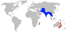 alt=
     Distribución natural del miná.     Zonas donde ha sido introducido.