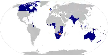      Países miembros 56     Antiguos miembros (Irlanda y Zimbabue)     Territorios de ultramar y dependencias de la Corona