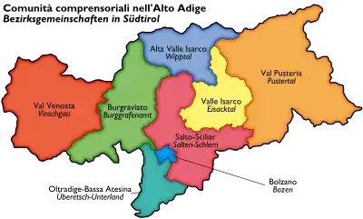 Mapa de comunità comprensoriali del Tirol del Sur (Trentino-Alto Adigio)