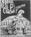 Concho Primo en una ilustración promocional de una marca de arroz, sacos en mano, elaborada por Bienvenido Ginbernard (Listin Diario, 27 marzo de 1923)