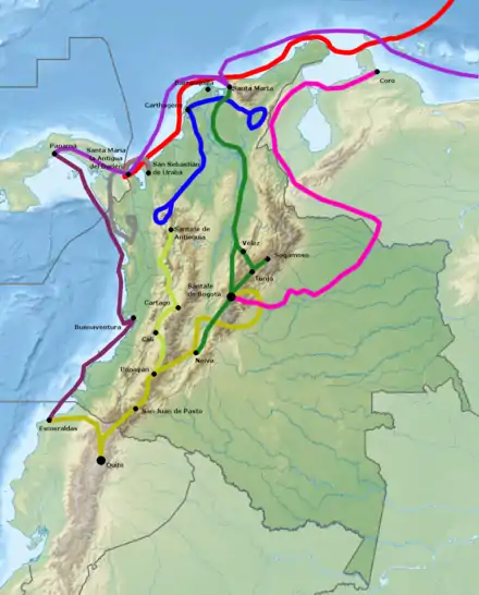 Viajes de los conquistadores en Colombia.