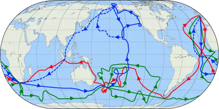 Los tres viajes alrededor del mundo del capitán Cook (1768-1779).