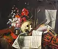 Vanitas con flores, calavera, documentos y retrato en miniatura del artista (c. 1662), Martin von Wagner Museum, Wurzburgo