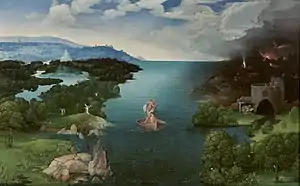 El paso de la laguna Estigia, de Joaquín Patinir, ca. 1520. La utilización de una referencia mitológica aproxima al Renacimiento italiano.