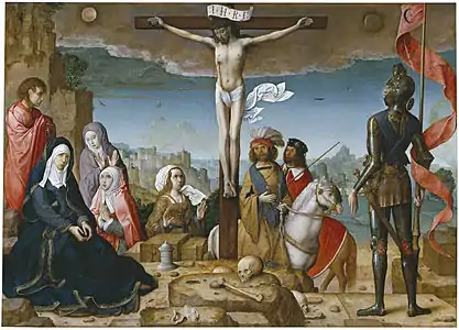 Crucifixión, óleo de Juan de Flandes.