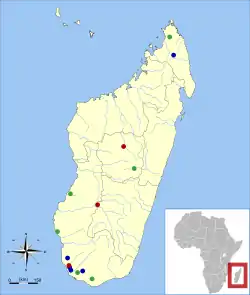 Sitios de hallazgos subfósiles de las especies de Cryptoprocta: azul—C. spelea; verde—C. ferox y C. spelea; rojo—C. ferox