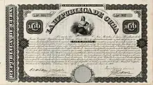 Bono de 100 pesos para financiar el levantamiento en Cuba contra la potencia colonial España, emitido el 1 de junio de 1869 en Nueva York por el gobierno cubano en el exilio, firmado en el original por José Morales Lemus como Presidente de la Junta Central Republicana de Cuba y Puerto Rico