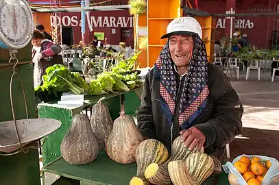 A la derecha, Cucurbita argyrosperma "pipián rayado" o "pipián cordobés" en venta en una feria en Tucumán, Argentina.