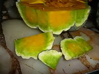 Otra planta, quizás otra variedad. La subepidermis blanca es la parte "piedra" de la cáscara. Este zapallo se pudo pelar con cuchillo de cocina sólo luego de hornearlo unos pocos minutos en microondas. Era dulce y de buen sabor. La dureza de la cáscara se hereda de forma relativamente directa en estas especies.