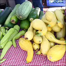 Crooknecks inmaduros en venta como verdura de estación.