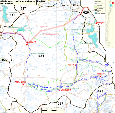 El salar de Llamara está ubicado en la cuenca del río Loa, 021, más precisamente en la subsubcuenca 02113. En el mapa, al este de la desembocadura del río Loa.