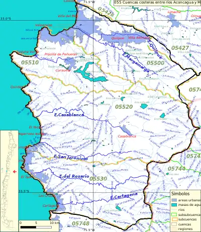 El item 055 del inventario de cuencas de Chile incluye las cuencas de los esteros Casablanca, de Viña, San Jerónimo, del Rosario y Cartagena.