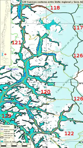 El campo de hielo patagónico sur pertenece al ítem 120 del inventario de cuencas de Chile y abarca desde el límite regional norte de la Región de Magallanes hasta el seno Andrew.