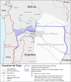 Mapa que muestra los límites de la Provincia de Tarija según descripto en esta misma página.