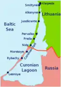 Mapa de la laguna de Curlandia: la parte rusa al sur, la lituana al norte