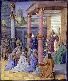 Ciro II el Grande permite el retorno de los hebreos a Tierra Santa. Miniatura francesa de Jean Fouquet c. 1470-75 (ilustración para Flavio Josefo, Antigüedades judías, libro XI).