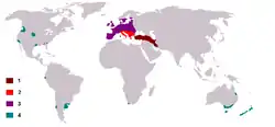 1: Endémico. 2: Posiblemente endémico. 3: Introducción humana antigua. 4: Introducción humana moderna