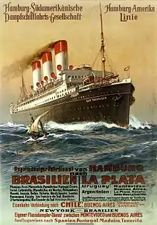 Cartel (ca. 1913). El SMS Cap Trafalgar, de la línea Hamburgo-Sudamérica.