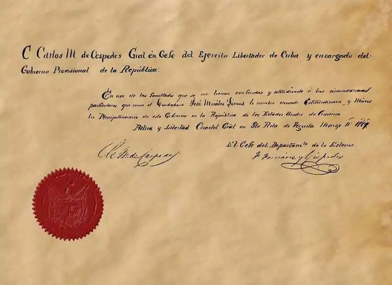 Decreto de Nombramiento de José Morales Lemús como enviado ante el Gobierno USA, 1869. Firmado por Carlos Manuel de Céspedes y co-firmado por Fernando Fornaris y Céspedes.