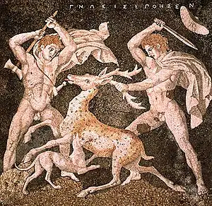 La caza del ciervo, mosaico de la Casa del secuestro de Helena firmado por "Gnosis", Pella, ca. 300 a. C.