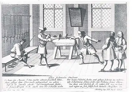 Clase de esgrima en la universidad de Núremberg, grabado de 1725. Las universidades del Antiguo Régimen no fueron precisamente el centro de la revolución científica, que utilizó otros ámbitos más propicios a la innovación.