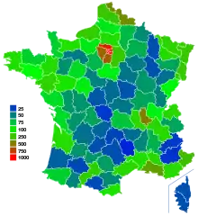 Mapa de Francia de densidad de población por departamentos, las zonas menos densamente pobladas aparecen en azul («Diagonal del vacío»).