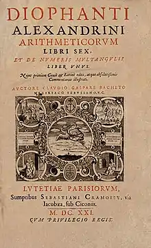 Arithmetica escrito por Diofanto alrededor de 280. Edición de 1621, traducida del griego al latín.