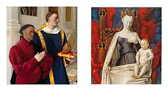 Díptico de Melun, de Jean Fouquet, 1452-1458. En el panel izquierdo, el comitente, Étienne Chevalier, en posición orante y presentado por el santo de su nombre; la Virgen del panel izquierdo se supone que reproduce los rasgos de Agnès Sorel, amante del rey Carlos VII, en cuya corte el comitente era ocupaba una alta posición.