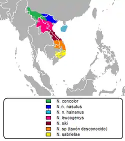 Distribución de las especies de Nomascus y subespecies