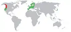 Distribución de Pacifastacus leniusculus. En rojo, distribución originaria; en verde, zonas donde la especie ha sido introducida.USGS. «Pacifastacus leniusculus» (en inglés). Consultado el 15 de junio de 2011. Costa, A., Bruxelas S., Bernardo J. M. & Teixeira, A. Colonization of river Maças (North Portugal) by two exotic crayfish, Pacifastacus leniusculus and Procambarus clarkii.. Capurro, Matteo; Galli, Loris; Mori, Mario; Salvidio, Sebastiano & Arillo, Attilio (2007). «The signal crayfish, Pacifastacus leniusculus (Dana, 1852) [Crustacea:Decapoda: Astacidae], in the Brugneto Lake (Liguria, NW Italy). The beginning of the invasion of the River Po watershed?». Aquatic Invasions 2 (1): 17-24. ISSN 1798-6540. 