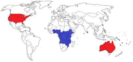 Distribución de Laevicaulis Alte en rojo: introducido y en azul: nativo