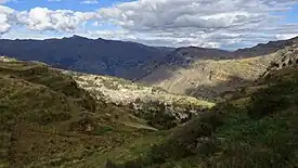 Parte del distrito de Punchao visto desde el punto silla, al centro su núcleo urbano y capital seguido de la quebrada del Pucroj y al fondo el cañón del Marañón.