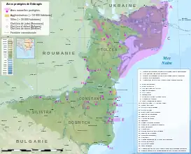 Mapa de las áreas protegidas de Dobrudja