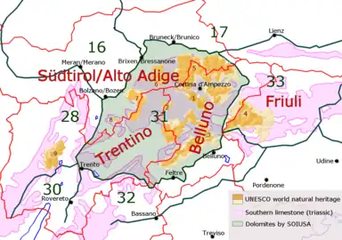 Otras delimitaciones: verde, definición según SOIUSA; rosa, áreas con roca dolomítica; naranja, nueve sitios Patrimonio de la Humanidad.