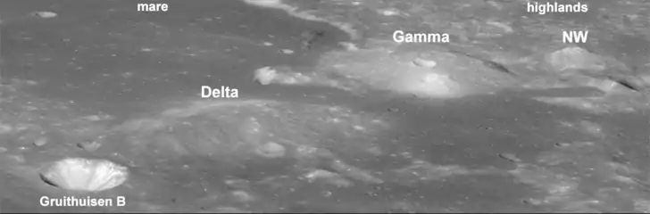 Domos Gruithuisen Delta, Gamma y NW (Northwest). Foto: LRO.