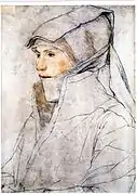 Dorothea Kannengießer: dibujo preparatorio, tiza negra y coloreada en papel blanco, 39,5 x 28,1 cm, Museo de Arte de Basilea, Kupferstichkabinett, Inv. Nr. 1823.141