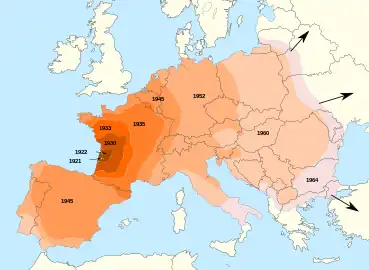 Expansión del área de distribución del escarabajo de la patata de Colorado en Europa, 1921-1964