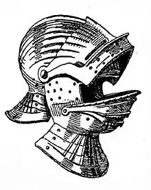 Doble visor temprano (sallet giratorio para cerrar el yelmo). El barbote y la frente se une al pivote del visor superior. Algunas versiones de este tipo de sallet tenía protección adicional para la nuca.