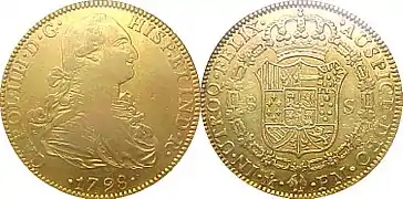 Doblón de oro acuñado por la Casa de Moneda de México en 1798. El doblón fue una moneda del Imperio español.