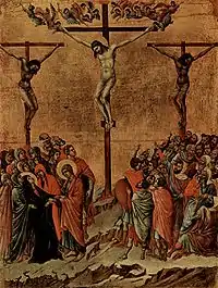 Crucifixión, tabla de Duccio di Buoninsegna (Gótico italiano).