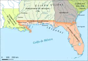 Las Floridas Occidental y Oriental hacia 1810.