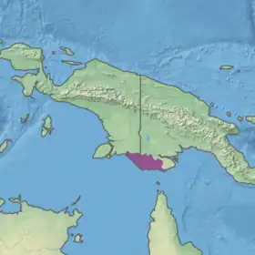 Localización de la ecorregión sabanas y praderas de Trans-Fly en Indonesia (izquierda) y Papúa Nueva Guinea (derecha), en la Isla de Nueva Guinea