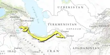 Mapa de Oriente Medio con una ecorregión representada por una frontera que corre hacia el sur a lo largo de la anterior. Localización de la estepa boscosa de Elburz.