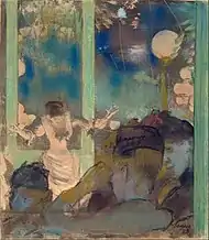 Mademoiselle Bécat en el Café des Ambassadeurs, período posterior, 1885, mismo lugar, configuración y técnica similares, pastel sobre litografía.