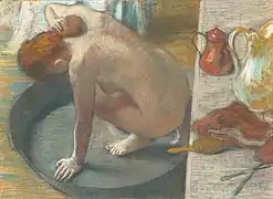 Edgar Degas, Mujer bañándose en un barreño (hacia1885/6). Pastel de  60 x 83 cm. Museo de Orsay.